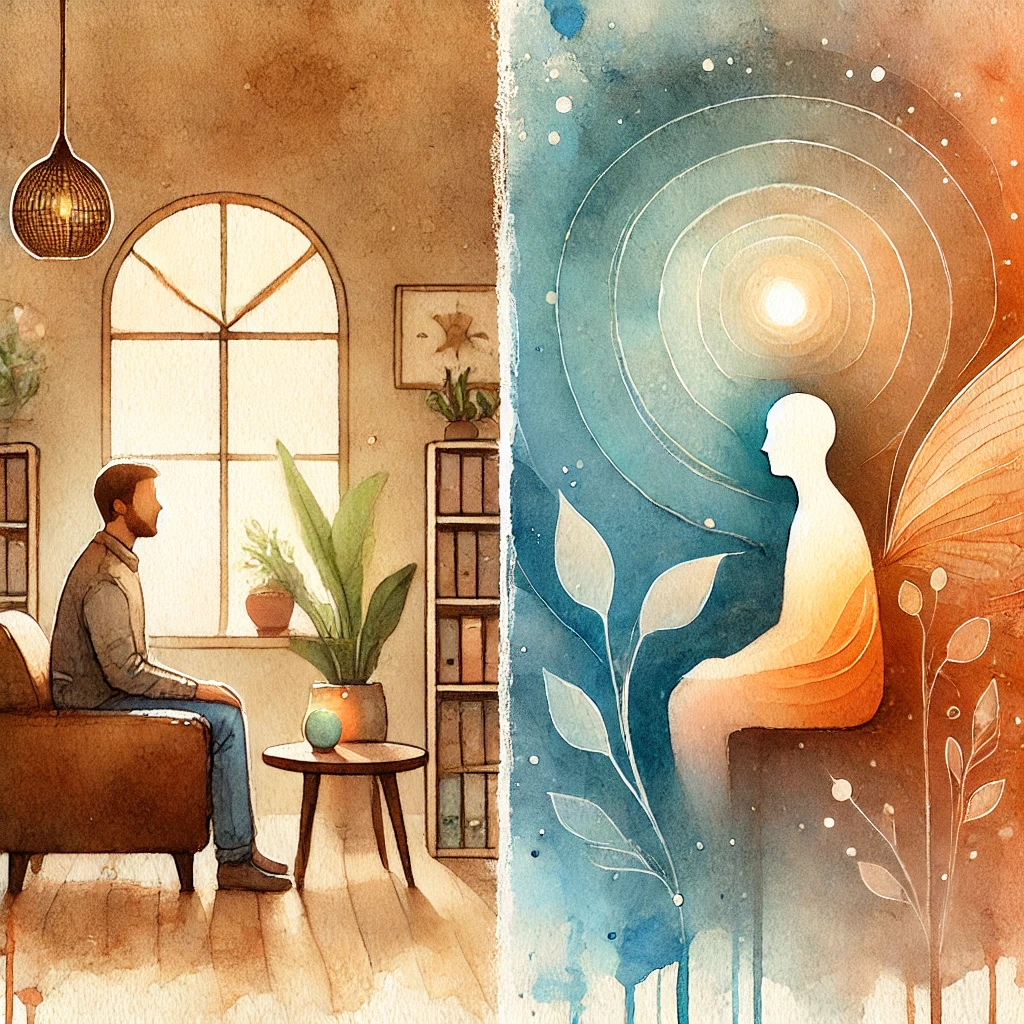 Watercolour illustration showing the difference between a friendly counselling session and a deeper, reflective psychotherapy session.