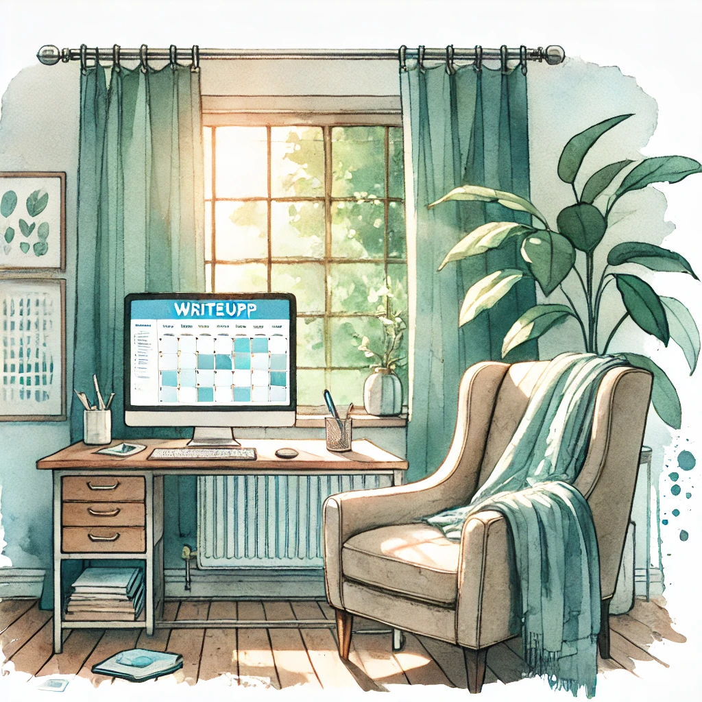 A watercolour illustration of a serene psychotherapy office with a comfortable armchair, a notepad on a small table, and soft natural light. A computer screen in the background displays a simple scheduling calendar, symbolising the use of WriteUpp software