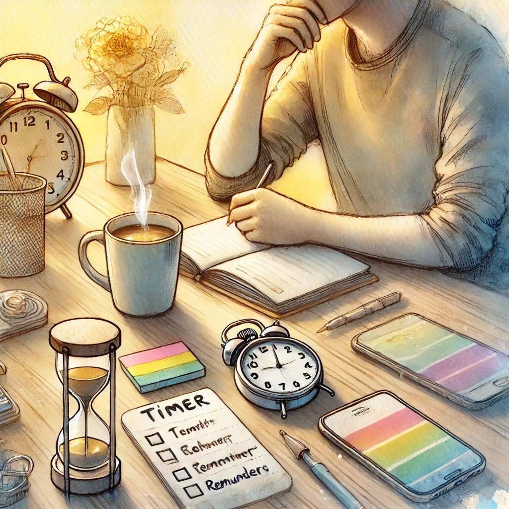 Watercolour illustration of an adult at a desk surrounded by objects like a timer, a notepad with notes, a phone with reminders, and a cup of tea, representing the tools and strategies used by adults with ADHD to stay organised.