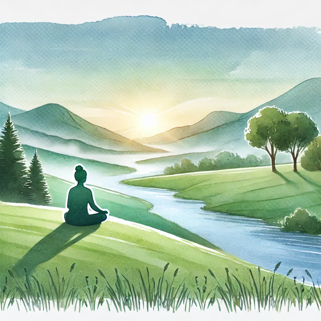 A serene watercolour illustration of a peaceful landscape with a person meditating on a grassy hill at sunrise, overlooking a calm river with trees and mountains in the background, symbolising mindfulness and inner peace.