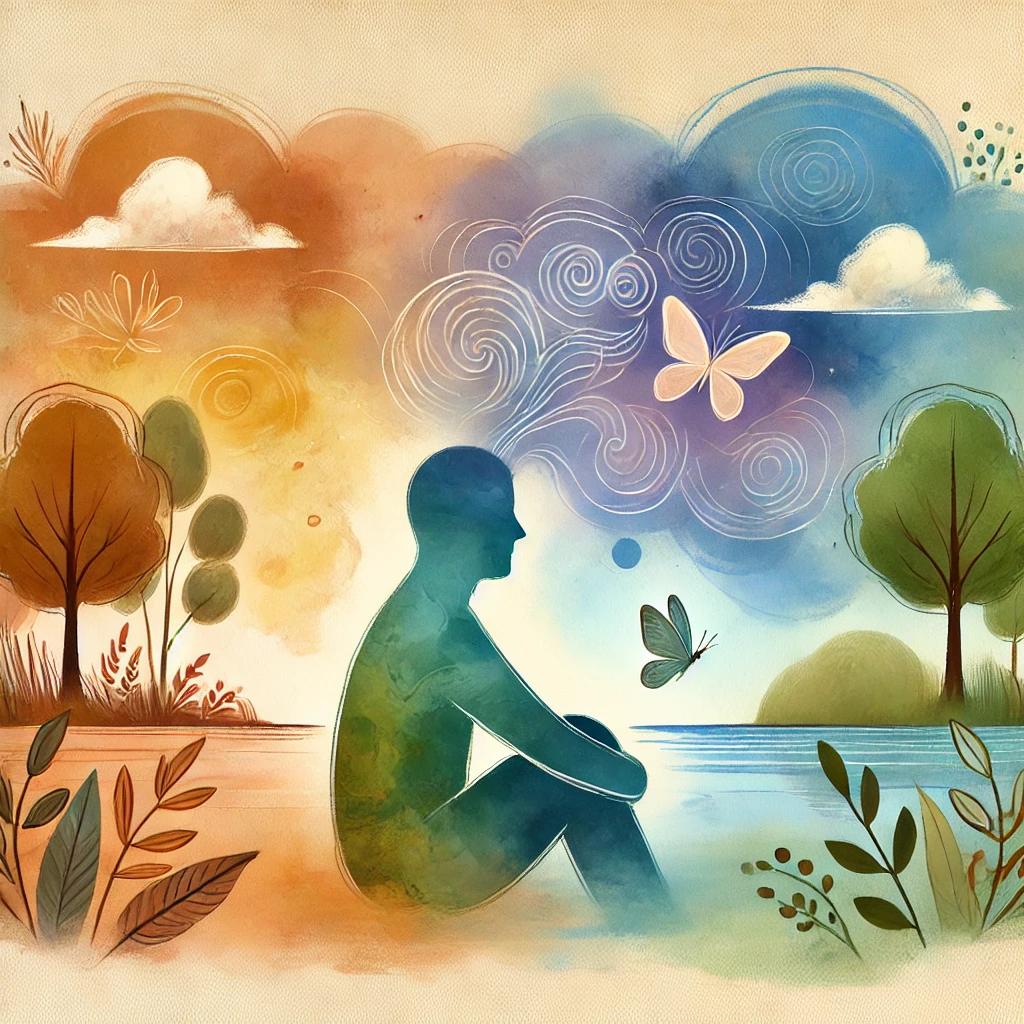 Watercolour illustration depicting a person sitting in a calm natural setting with subtle representations of anxious thoughts balanced by a peaceful environment.