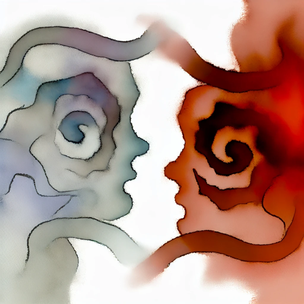 Watercolour-style abstract image depicting the connection between anxiety and anger, with swirling patterns and fiery hues, conveying emotional tension and conflict-1.