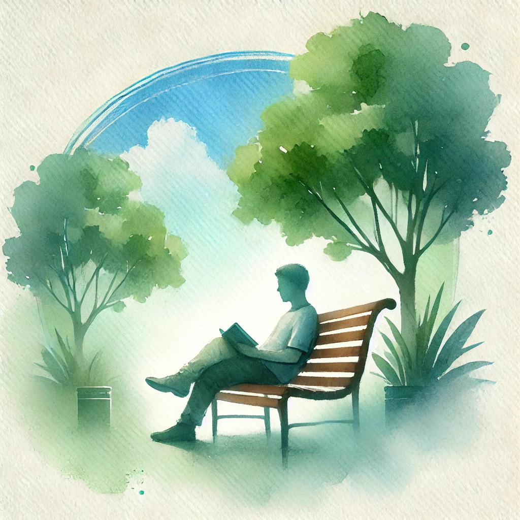 A watercolour painting of a person sitting thoughtfully on a park bench, surrounded by soft green trees and a light blue sky. The scene evokes a calm and reflective mood, symbolising mindfulness, creativity, and mental clarity.