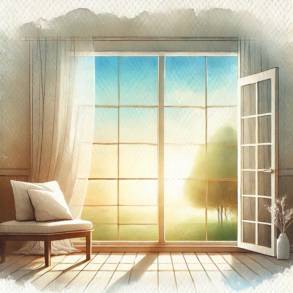 A watercolour illustration of a large window in a tranquil room, with soft light streaming in and a serene landscape outside. The image symbolises calmness, mindfulness, and emotional balance, representing the ‘Window of Tolerance’ concept in trauma therapy.