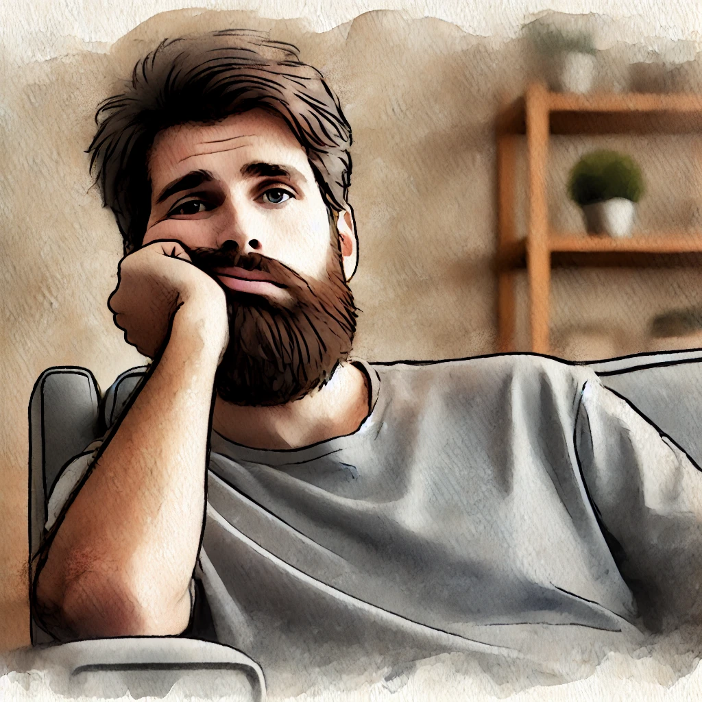 A watercolour painting of a bearded man sitting in a chair, looking bored with his head resting on one hand. His facial expression conveys disinterest, and the muted living room background blends softly with watercolour washes, creating a tranquil yet dull atmosphere.