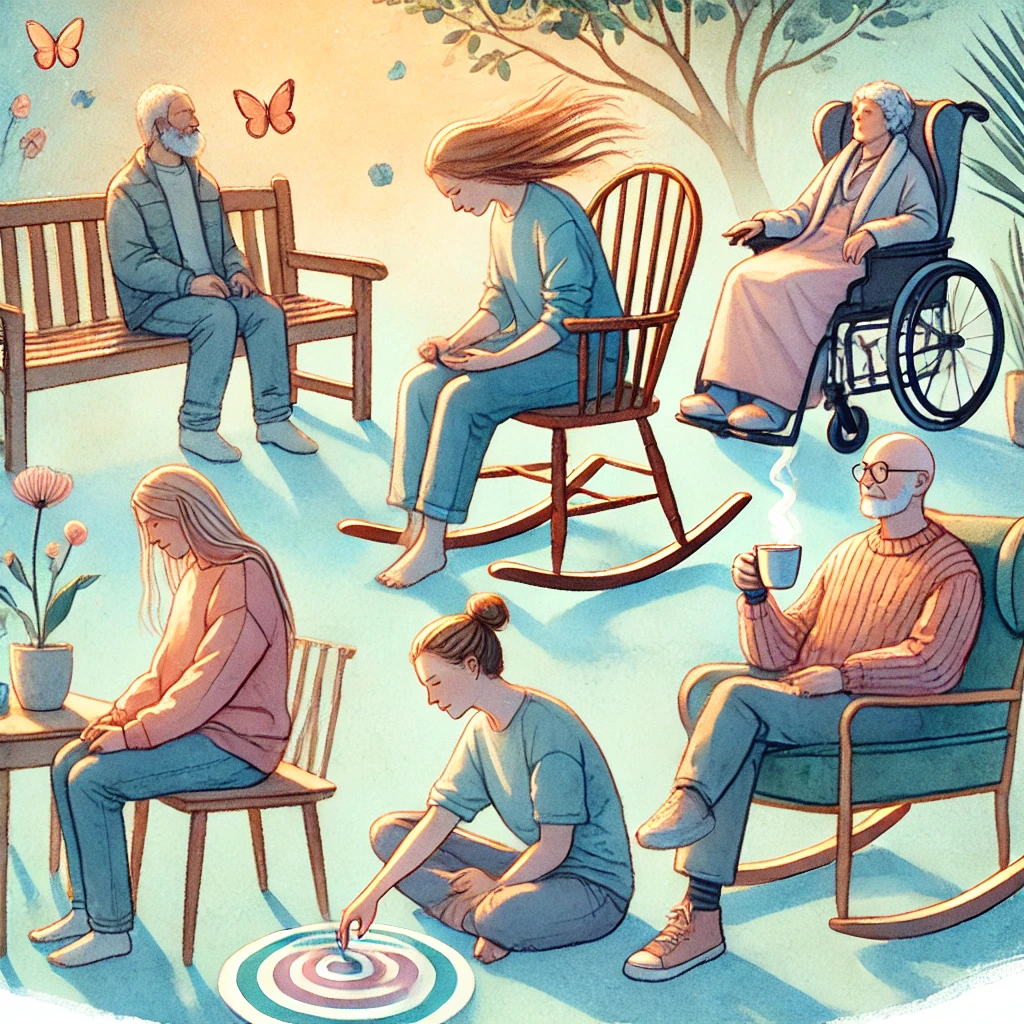DALLE_2024-09-03_10.37.11_-_A_calming_watercolour_illustration_depicting_a_diverse_group_of_people_engaging_in_stimming_behaviours_in_a_natural_and_relaxed_setting_such_as_a_par.png A watercolour illustration of a diverse group of people stimming in a relaxed, informal setting, such as a park or living room, with one person rocking, another finger-counting, and a third tapping their toes.