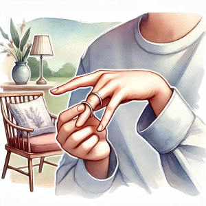 A watercolour illustration of a person twiddling a ring around their finger in a cosy, informal setting, conveying calmness and relaxation.