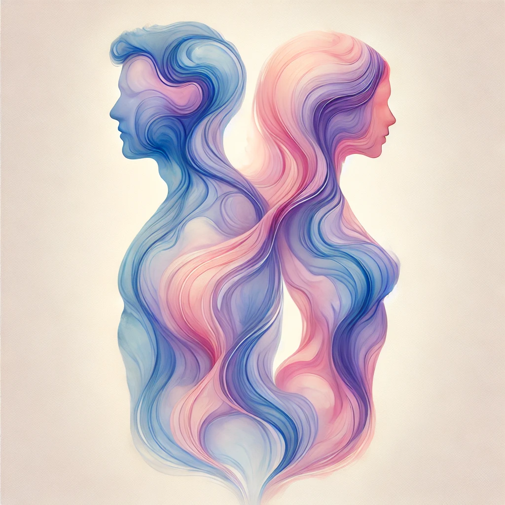 Watercolour image of two intertwined abstract human silhouettes, symbolising sexual fluidity and the blending of identities in a 'straight' marriage.