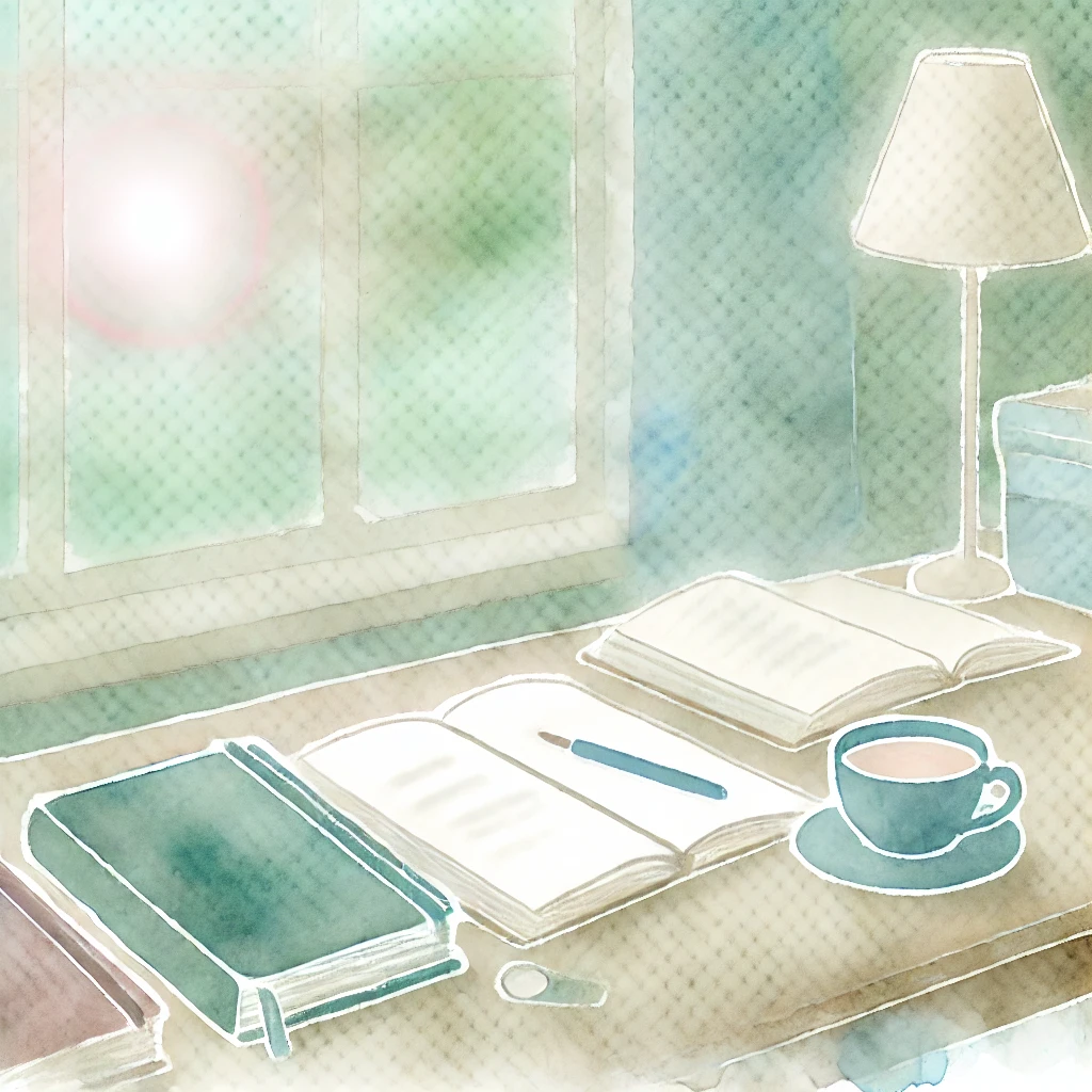 A serene watercolour illustration of a desk with a journal, papers, and a cup of tea, bathed in soft light from a nearby window, evoking a sense of peace, reflection, and preparation.