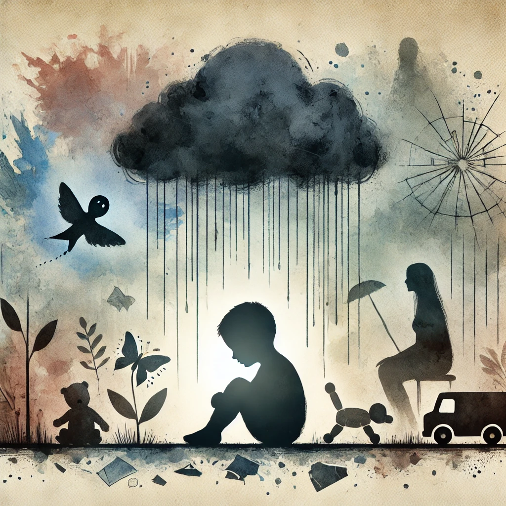 watercolour-style image illustrating the concept of Adverse Childhood Experiences (ACEs). The image portrays the sombre mood of trauma but also includes a subtle element of hope and resilience.