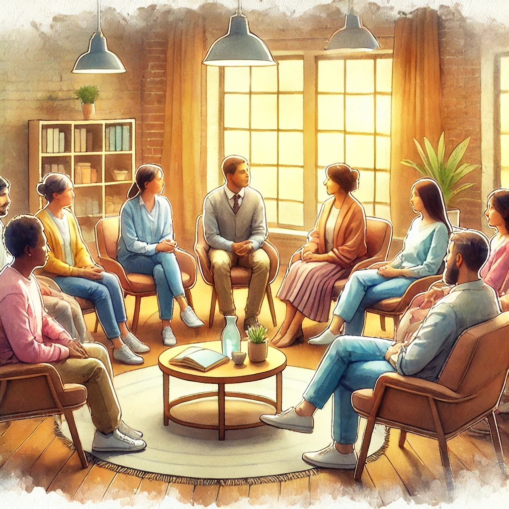 Watercolour-style image showing a diverse group of individuals in a therapy room setting, representing different races, genders, and identities. The therapist is engaging with the group in a supportive, inclusive atmosphere with soft pastel colours.