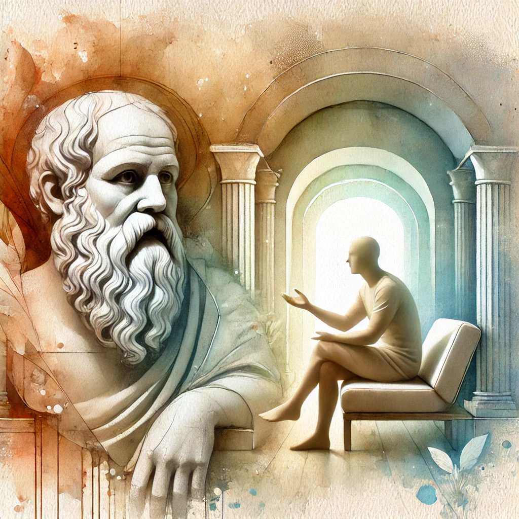 depiction of Socrates, an elderly man with a white beard and a thoughtful expression, seated in a tranquil space blending ancient Greek architecture with a modern therapy room. The scene symbolises the philosophical roots of Socratic questioning, showing Socrates engaging in dialogue with a figure representing a client, set in soft, muted tones for a serene atmosphere.