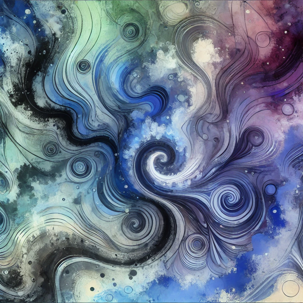 A_watercolour-style_abstract_image_repre abstract image, focusing on the themes of stress and sleep disturbance. It incorporates deep blues, purples, and blacks with lighter hues to symbolise the tension between stress and calm