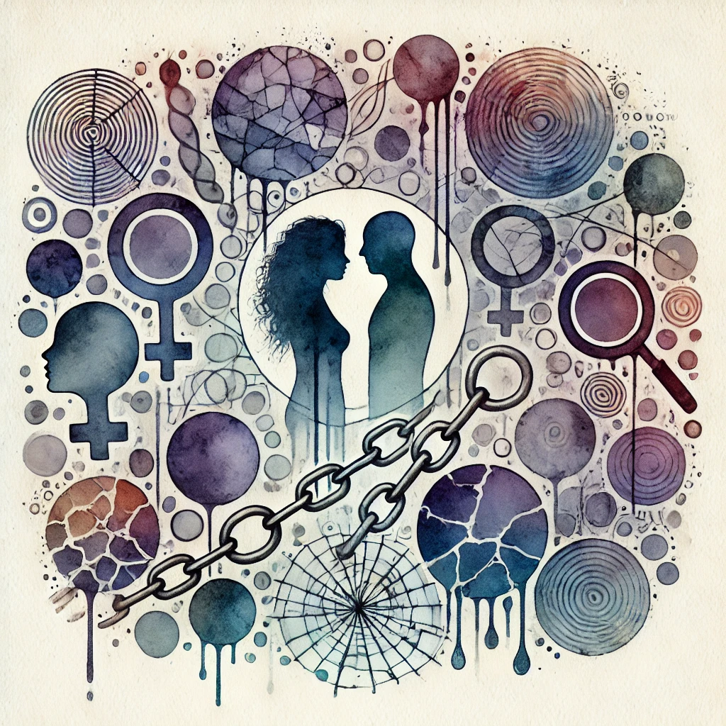 Watercolour-style image depicting the dynamics of intimate partner violence in LGBTQ+ relationships. The abstract design features interconnected circles and lines, with elements like chains symbolising control, shattered patterns representing emotional manipulation, and fluid lines for identity struggles. The use of blues, purples, and greys conveys the complexity and nuanced nature of power and control dynamics in these contexts.