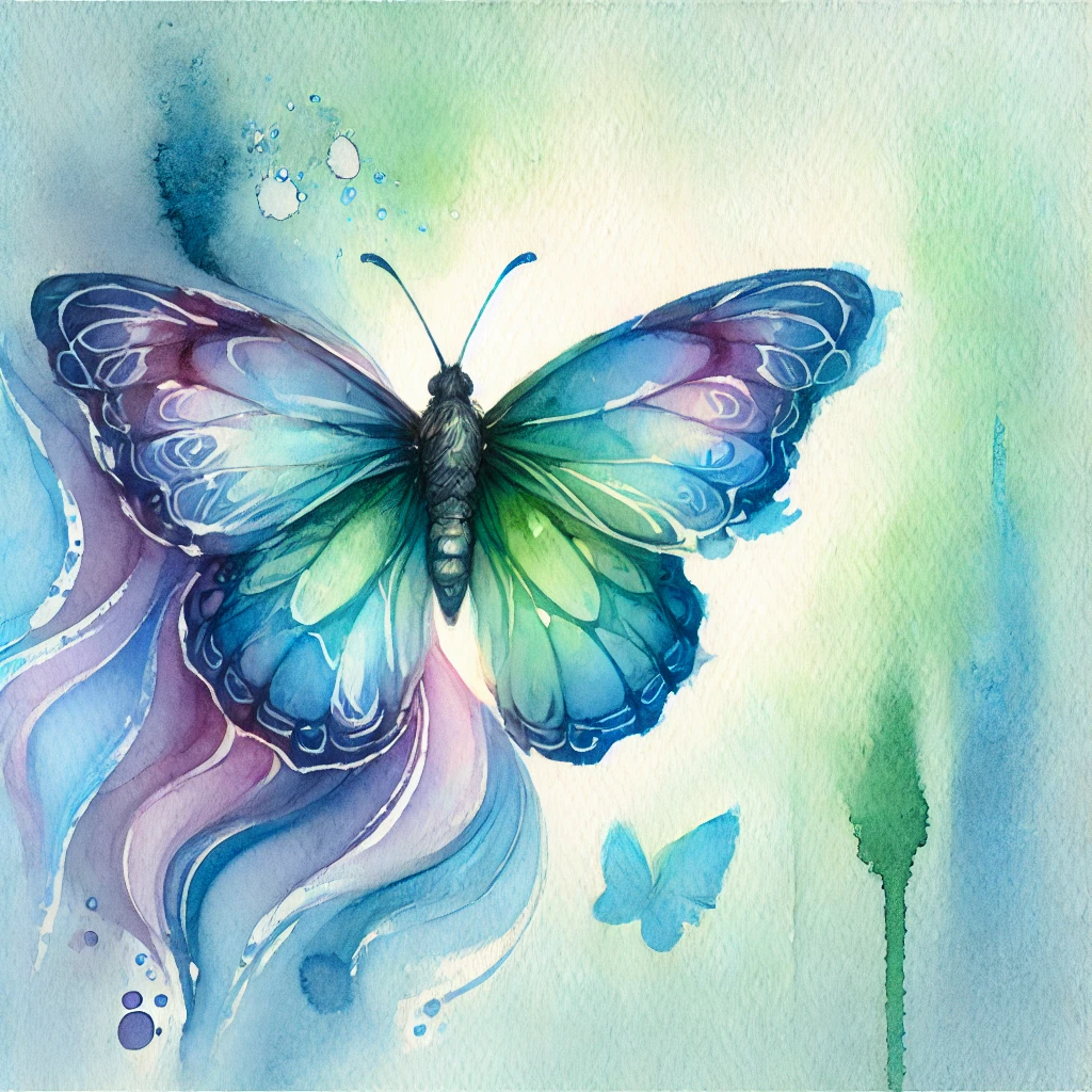 Watercolour painting of a butterfly symbolising transformation and growth. The butterfly features delicate, intricate patterns on its wings, surrounded by a soft abstract background in calming hues of blue, green, and purple. The composition is serene and uplifting, evoking themes of healing and fluidity.