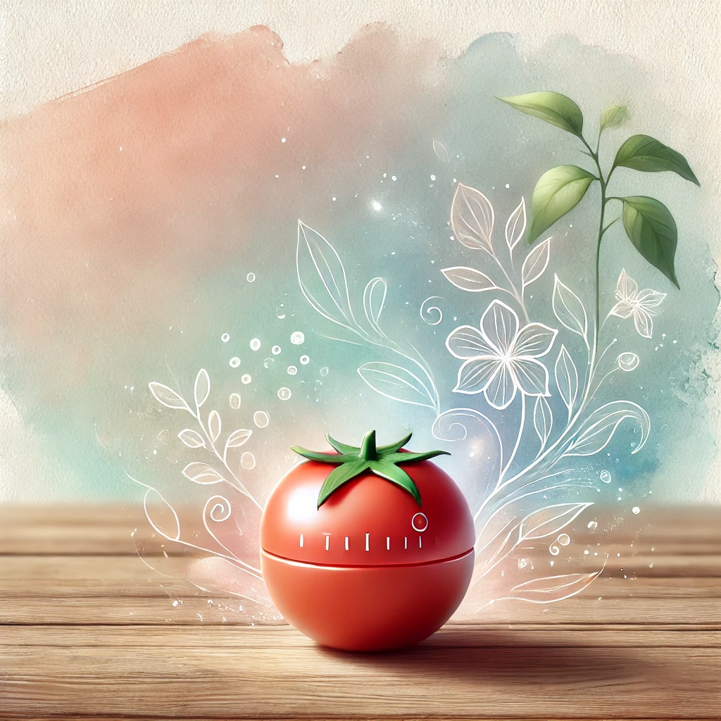 Watercolour illustration of a tomato-shaped Pomodoro timer placed on a wooden table, surrounded by soft pastel swirls and delicate natural elements like leaves, creating a calming and reflective atmosphere. The background features a tranquil gradient, symbolising mindfulness and wellness.