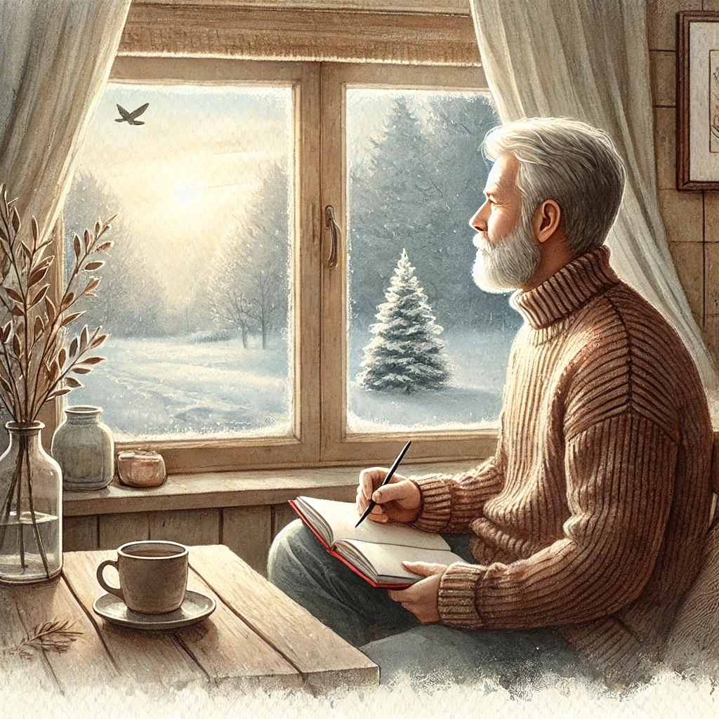 A serene watercolour-style image of an older man with greying hair and a beard sitting by a window, holding a journal. He gazes thoughtfully outside at a calm, winter landscape. Soft light streams through the window, illuminating a cup of tea on a nearby table. The scene evokes introspection, personal growth, and quiet contemplation in a warm and inviting setting.