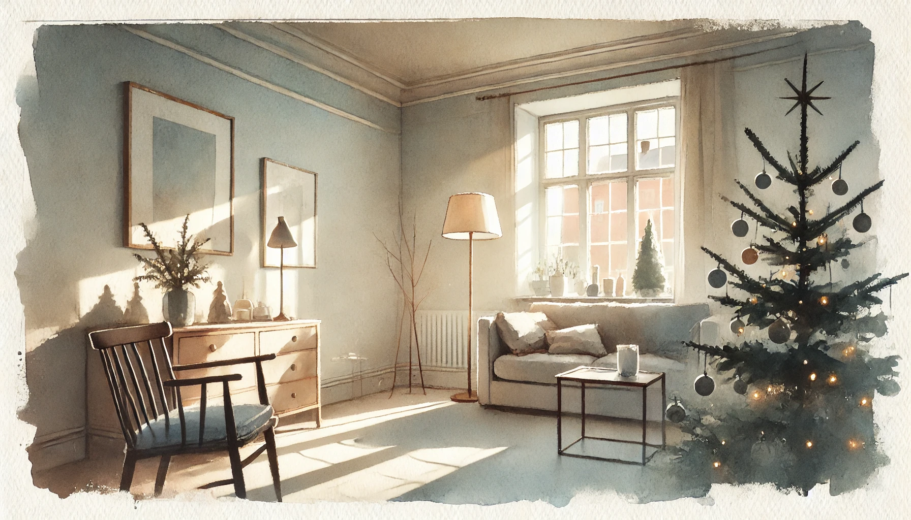 Watercolour illustration of a living room with soft light filtering through a window, showing sparse furniture and subtle signs of Christmas decorations recently removed, such as an empty tree stand and faint ornament marks, evoking a calm and reflective atmosphere.