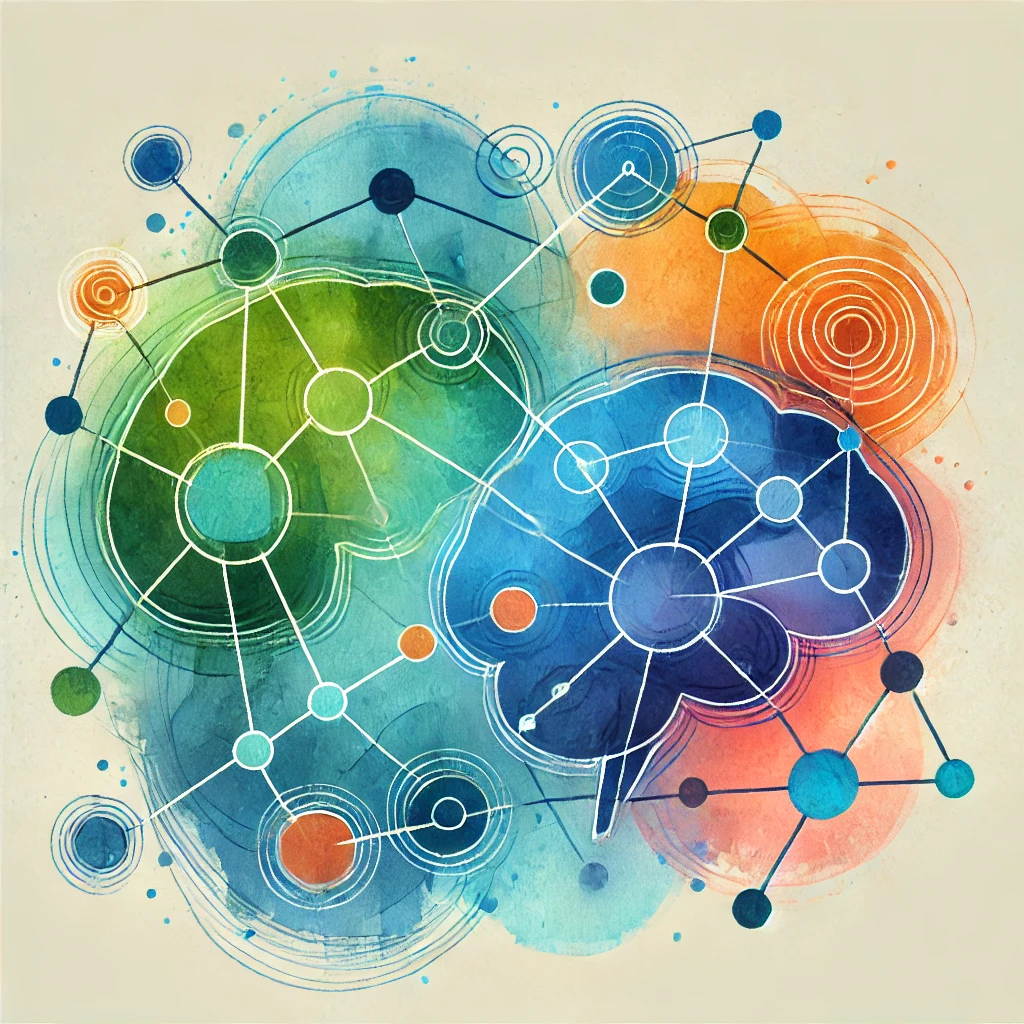 Abstract watercolour-style illustration representing neurodiversity, featuring interconnected shapes in vibrant, soft tones of blue, green, and orange, overlapping on a neutral background.