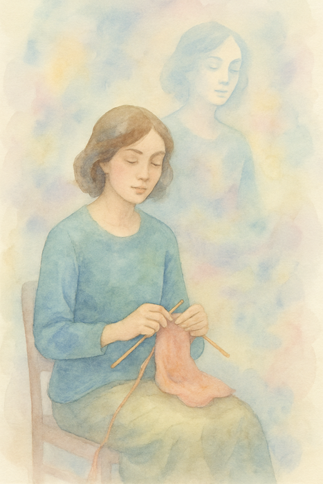 A watercolour painting of a woman knitting with her translucent double hovering above, symbolising an out-of-body experience.
