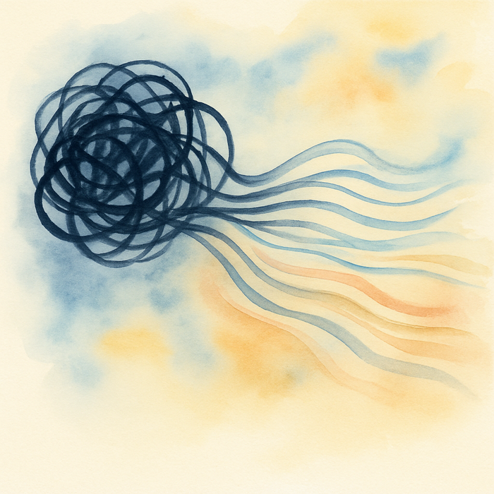 A watercolour painting of a tangled knot gradually unravelling into flowing lines, symbolising the release of anxiety patterns.