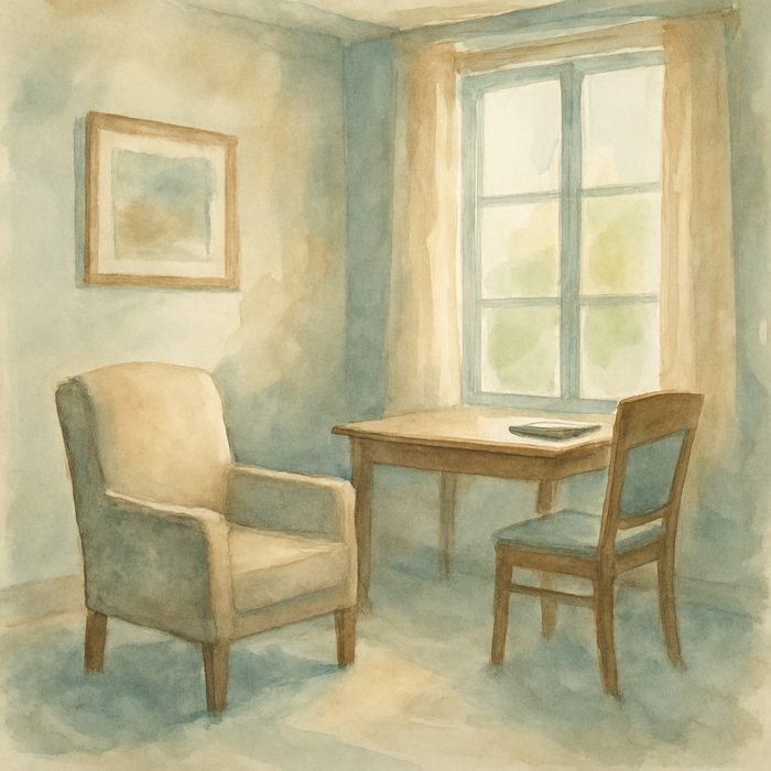 Watercolour of a calm office with an armchair and desk by a sunlit window