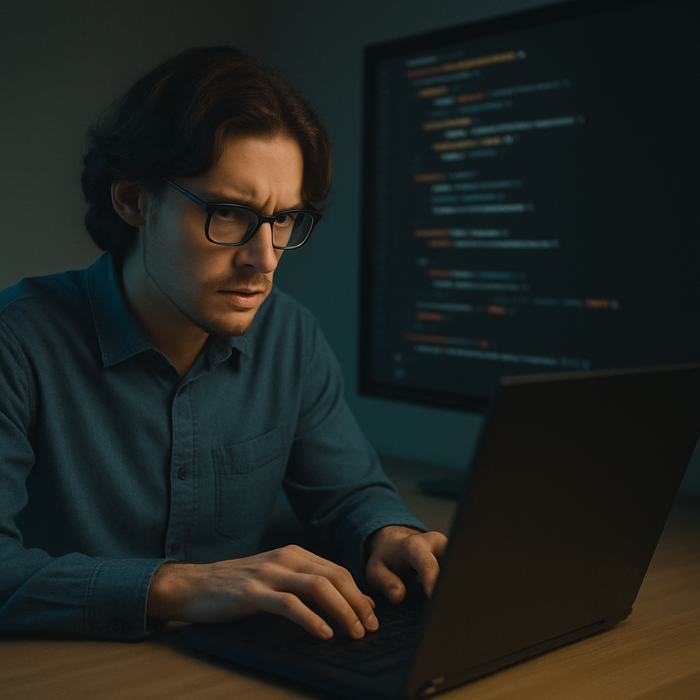 Watercolour illustration of a programmer deeply immersed in code, suggesting both creativity and detachment from the outside world, without overlaid text.