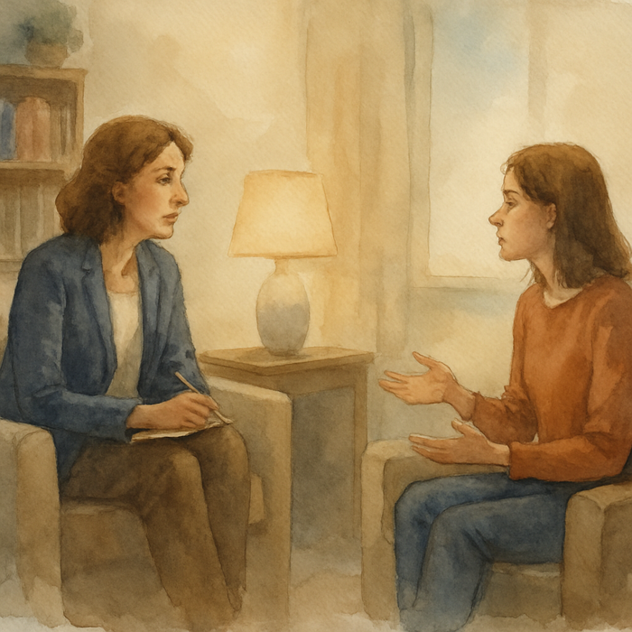 Watercolour illustration of a therapist and client in a warm consulting room, symbolising different approaches to psychotherapy.