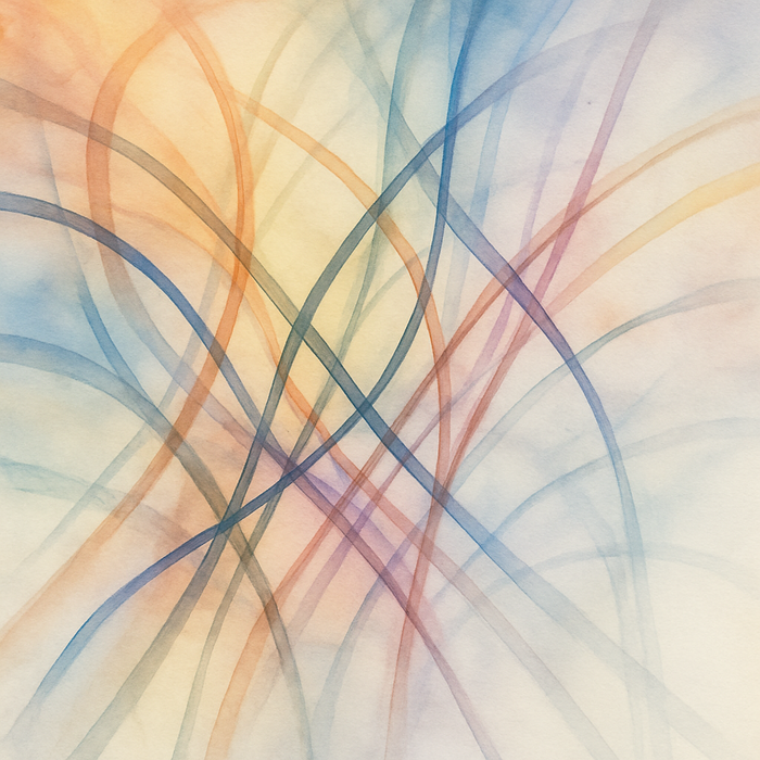 Abstract watercolour suggesting multiple intersecting strands shifting from bold to faint, evoking visible and invisible identities and voices.