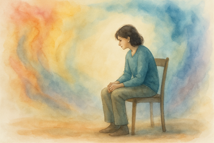 A watercolour painting of a person sitting in a calm, softly lit space, surrounded by gentle flowing colours, symbolising overwhelm gradually giving way to clarity.
