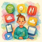 Watercolour image showing scattered devices and digital icons representing streaming and app subscriptions.