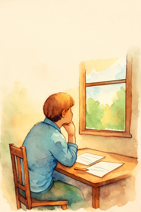 Another Thought about Why We Put Things Off A softly painted watercolour of a person sitting at a desk, gazing out the window, sunlight spilling onto scattered papers.