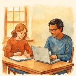 A watercolour image of two people working quietly together at a table, sunlight filtering through a window
