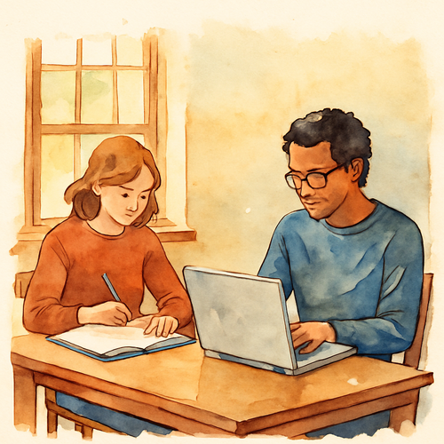 Body Doubling for ADHD A watercolour image of two people working quietly together at a table, sunlight filtering through a window