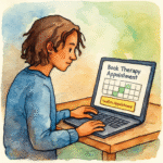 A calm, watercolour-style depiction of a person comfortably booking a therapy appointment online using a laptop.