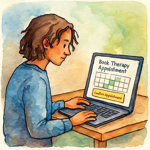 A calm, watercolour-style depiction of a person comfortably booking a therapy appointment online using a laptop.