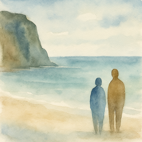 Watercolour scene of two abstract human figures standing together on a beach, facing the sea near a cliff.
