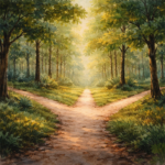 A grounded square watercolour painting of a forest path dividing into clear routes, symbolising autonomous choice guided by conscience.
