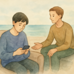 Watercolour image of a person on a sofa looking at a phone while another person sits nearby offering a hand.