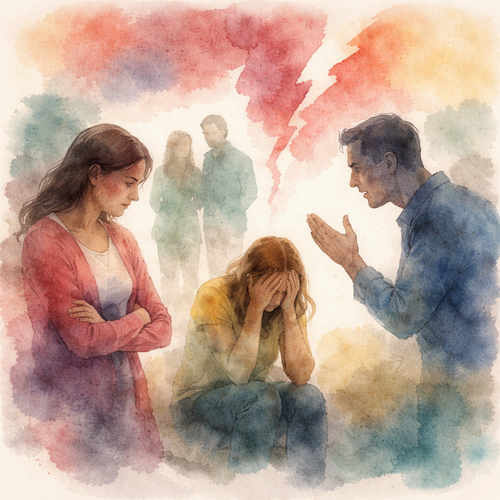 Abstract watercolour illustration representing adult boundaries and emotional balance within family relationships.