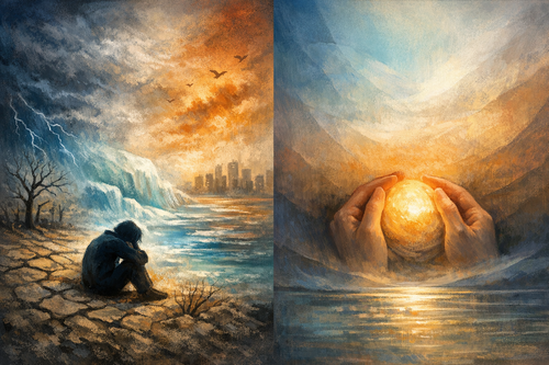 Eco-Anxiety and Climate Grief Abstract representation of emotional responses to environmental change, showing fluid forms and shifting tones without text.