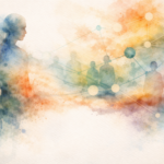 An abstract watercolour of a human figure dissolving into relational patterns and environment, symbolising the absence of a separate inner self