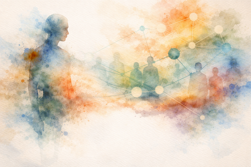 The Ghost in the Machine in Psychotherapy An abstract watercolour of a human figure dissolving into relational patterns and environment, symbolising the absence of a separate inner self