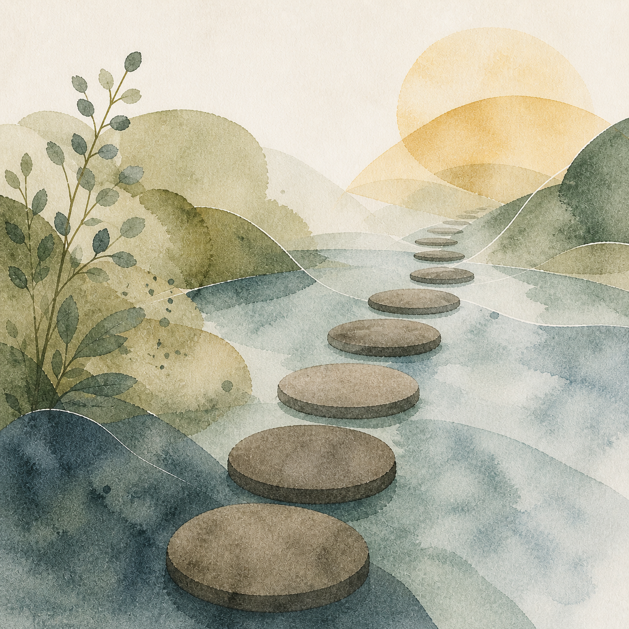 Watercolour landscape of a calm river with round stepping stones leading into the distance between soft hills in muted tones.