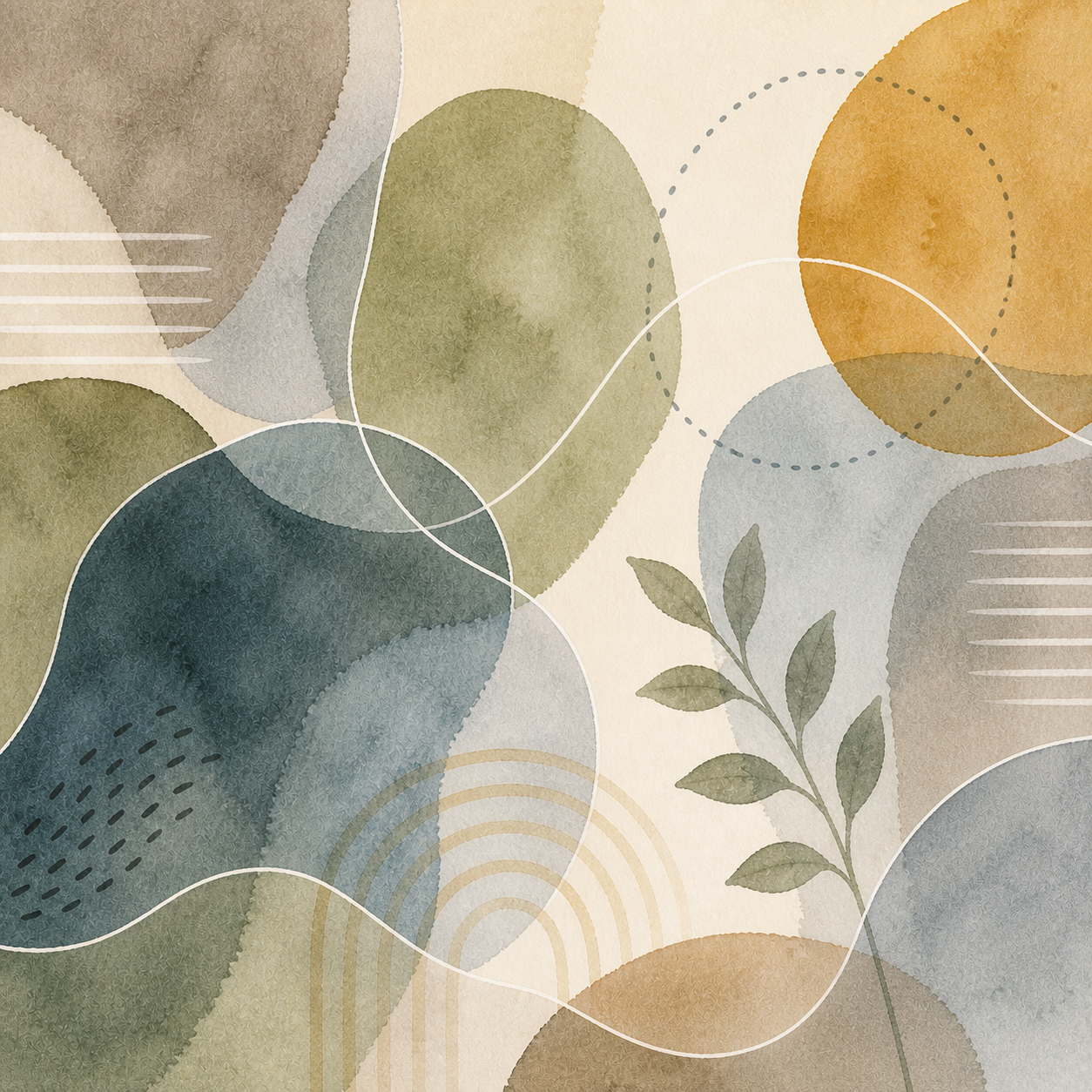 Abstract watercolour composition with overlapping organic shapes in muted green, blue, and ochre tones, suggesting interconnected patterns and gentle structure.