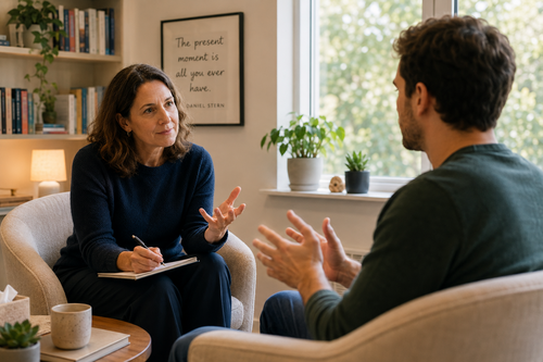 Therapist and client in conversation, mid-session gesture