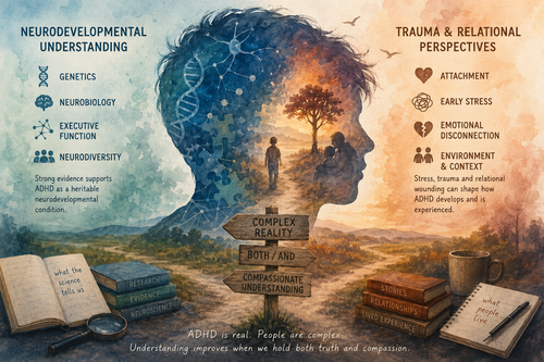 Concerns About Gabor Maté ADHD Teachings Abstract watercolour-style illustration representing the tension between trauma-informed perspectives and neurodevelopmental understandings of ADHD