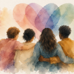 A watercolour illustration of several overlapping translucent circles in warm earth tones, suggesting multiple intersecting relationships without hierarchy, against a calm pale ground.