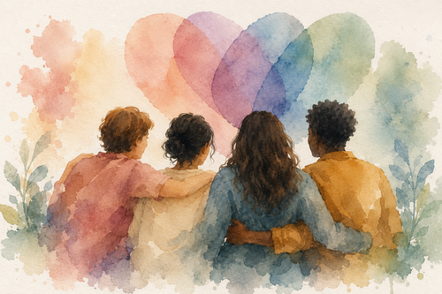 A watercolour illustration of several overlapping translucent circles in warm earth tones, suggesting multiple intersecting relationships without hierarchy, against a calm pale ground.