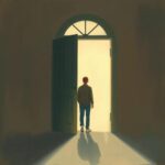 A calm watercolour illustration of a person standing at an open doorway, with soft light beyond it, suggesting uncertainty and possibility.